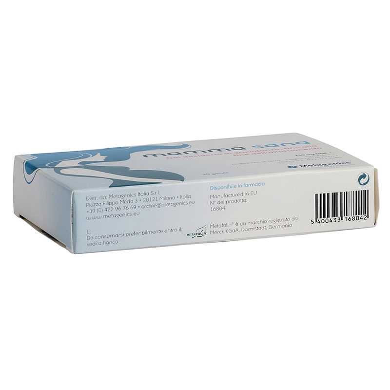 immagine della confezione integratore Mamma Sana, 30 cellule Metagenics, vista laterale del modo d'uso e degli ingredienti